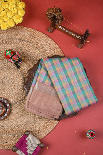 Multicoloured Linen Kanchipuram Silk Saree