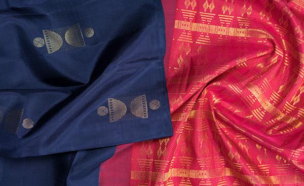 Buy Navy Blue(Single Tone)- Borderless Soft Silk with gold , silver zari  kolam motifs on the Body online | T. Nagar from ShrusEternity