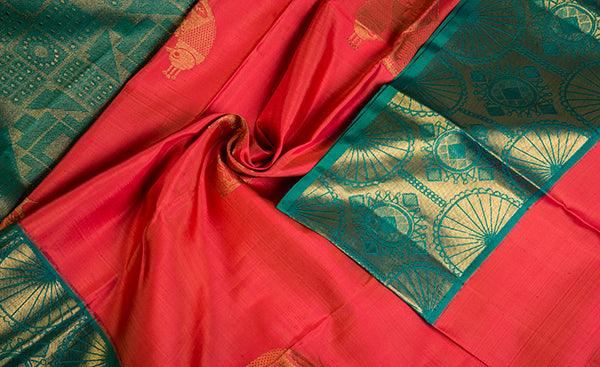 Fancy Silk Zari Weaving Dark Green And Pink Saree